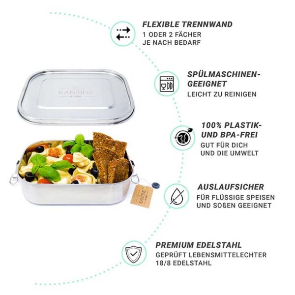 Lunchbox Classic XL RVS met flexibele verdeler 1400ml - Kantine