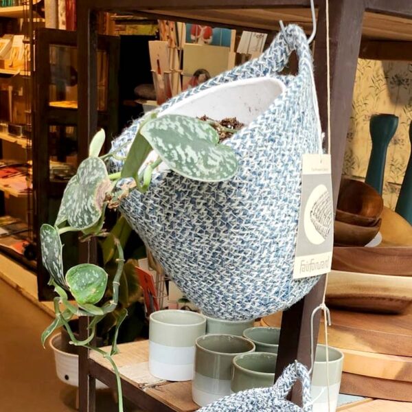 Plantenpot Mand Jute Zigzag blauw met oor - FairForward